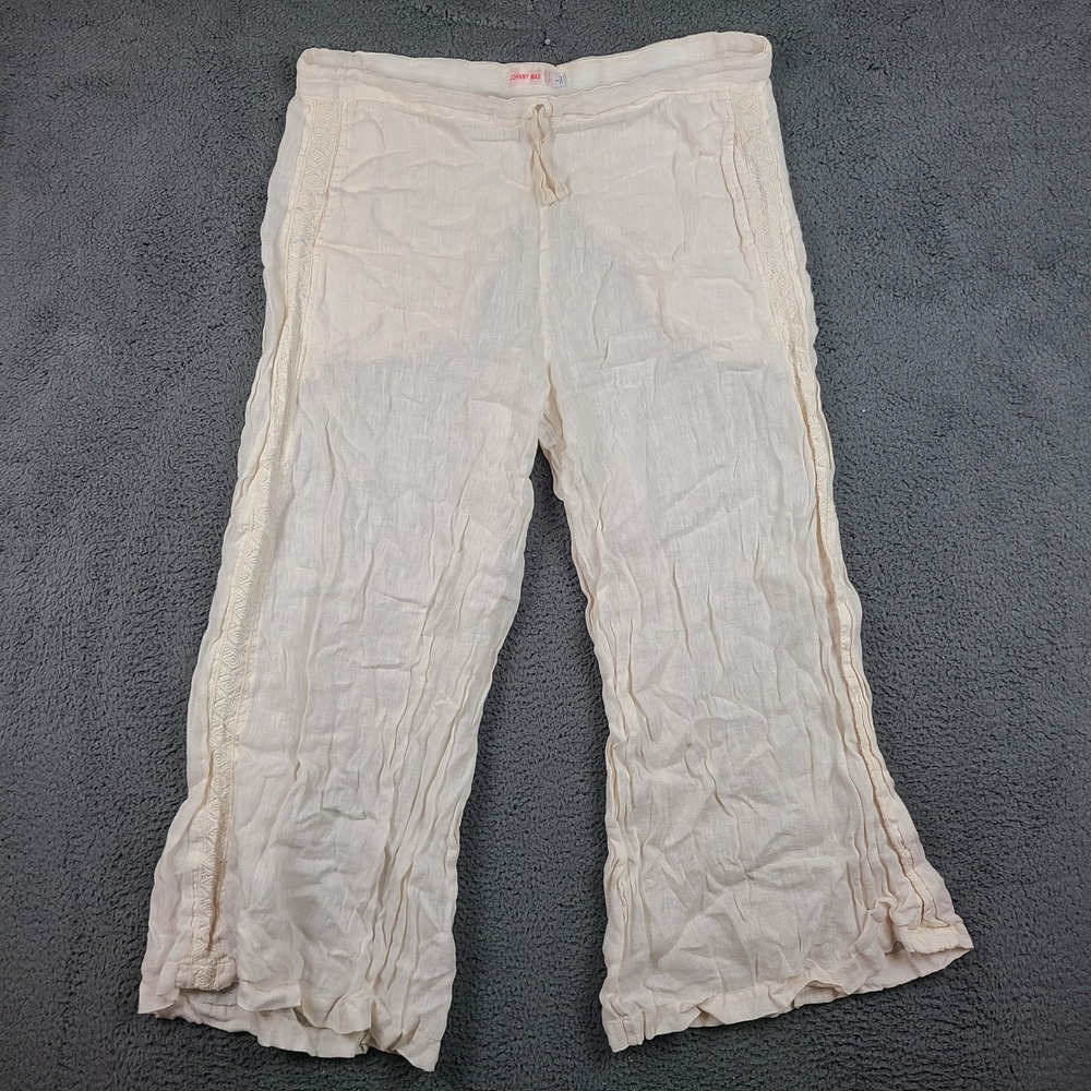 Johnny Was Linen Embroidered Drawstring Pants Cream Wide Leg P65119-1 Womens S
